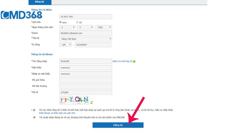 Cách đăng ký tài khoản mới tại nhà cái CMD368